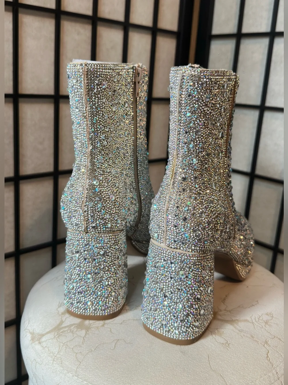 Rhinestone Embellished Silver Block Heel Boots